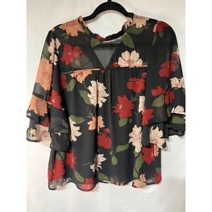 Monteau‎ Los Angeles Floral Ruffle Sleeve Blouse Top XL